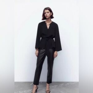 Zara woman romantic chain tie belted blouse top black small XS